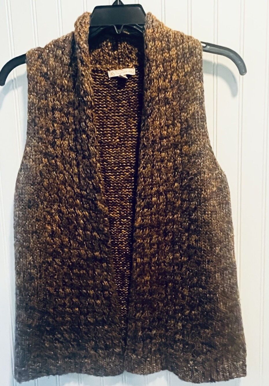 DB Established 1962 Knit Shawl Neck Vest Brown Gold Metallic Thread Open Front M